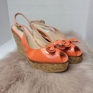 L.K. BENNETT Susie Orange Cork Patent Leather Designer Wedges Shoes Size 9.5